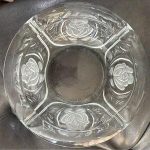Vintage KIG Indonesia Clear Glass Ashtray 6” Frosted Rose Pressed Glass Heavy